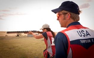 Skeet shooter Frank Thompson watches teammate trap shooter and 2008 Olympic bronze medalist Corey Cogdell.