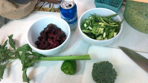 Cubed prairie chicken and some fresh garden vegetables