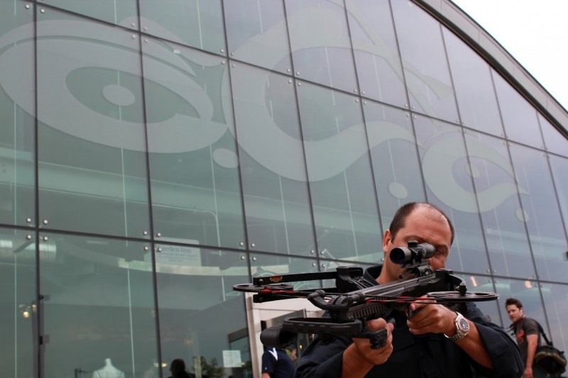 David Barnett, director of Barnett Crossbows, poses with the new Vengeance reverse draw crossbow outside of OCC headquarters.