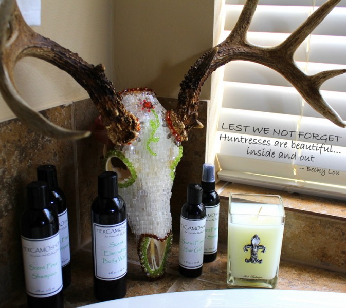 Products that provide scent free bodies without drying your skin or dulling your hair! (Picture complimented by my newest mount, New York Bruiser Buck from Lucky Star Ranch, beaded by my dear friend Jana Waller of Skull Bound TV, yet another great gift for your huntress! www.PaintedSkulls.com) Photo by Becky Lou Outdoors