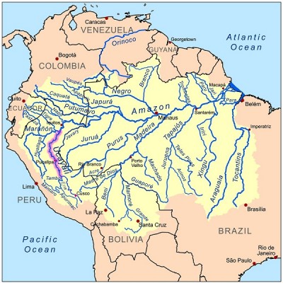 Map of the Amazon Basin. The Ucayali River, where du Plessis was attacked, is highlighted.