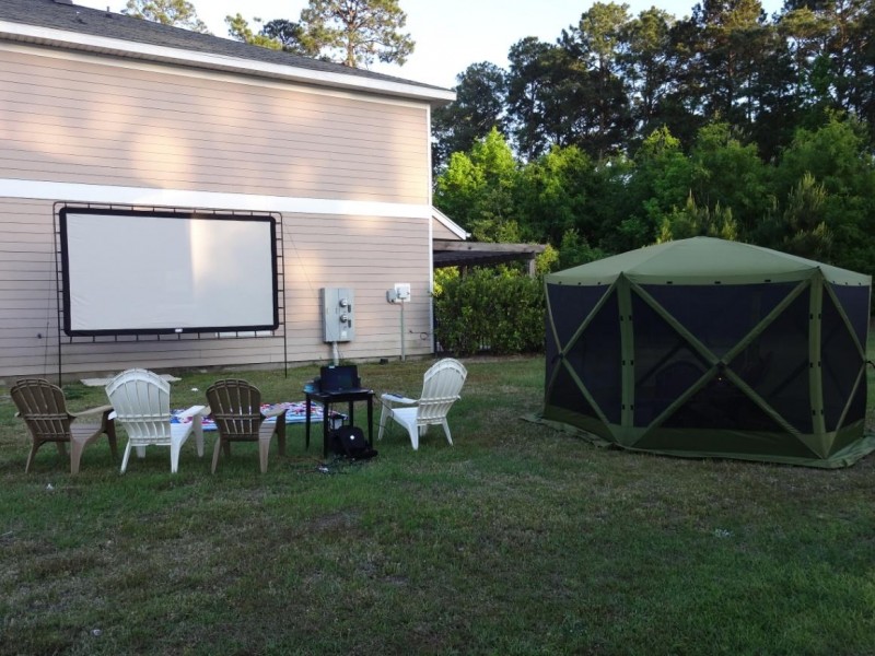 Set up of the Big Screen is complete in less than 10 minutes. Tucked next to the building, the 144-inch screen is nice and secure. Now…all they need for movie night outdoors is dark.