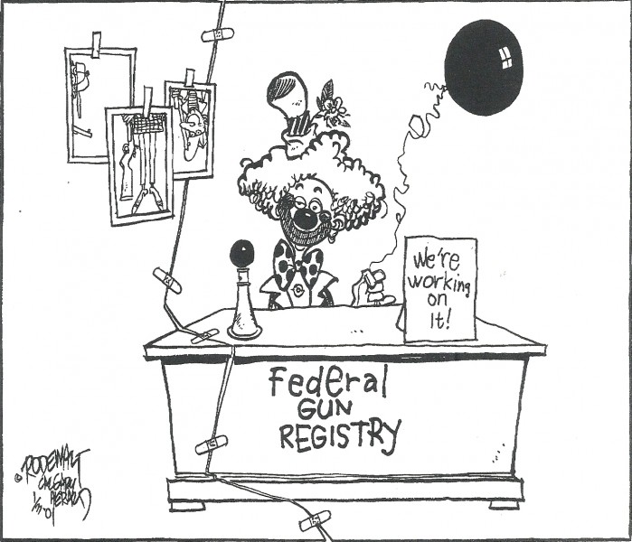 A cartoon made on behalf of opponents of the Canadian Firearms Registry. The Registry has been much maligned for being ineffective, incomplete, and terribly expensive.