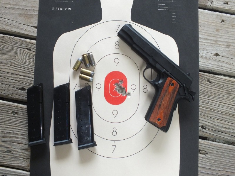 This group from the ZIG 1911 was shot at ten yards with reloaded cast bullets, standing unsupported, with crude service pistol sights. I rarely shoot much better than this, even with precision pistols.