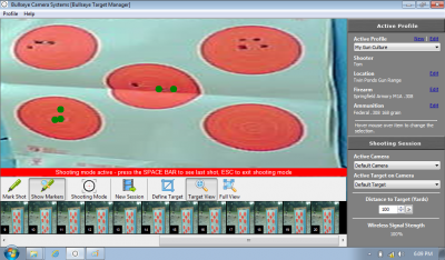 A screenshot of the Bullseye Camera software. My paper target was folded, hence the crease. The camera view of all shots was perfect. Note the green dots where I marked specific shots for later reference.