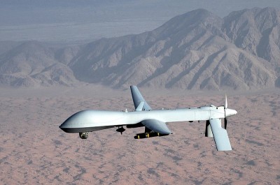 An armed MQ-1 Predator drone flying reconnaissance, not over the Colorado town of Deer Trail.