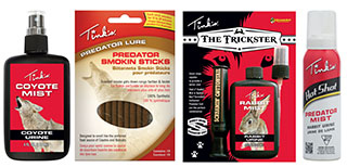 Tink's products include Coyote Mist Predator Lure, Predator Smokin' Sticks, The Trickster Rabbit Mist / Screamin' Cottontail Call Combo, or the latest Hot Shot Predator Mist.