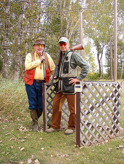 Legendary hunting dog writer Dave Duffey (l) and Dan Small take a break on the sporting clays course at J&H Game Farm in Shiocton, WI. On Outdoors RAdio Show 905, Small remembers Duffey, who died Jan. 26 t the age of 87.