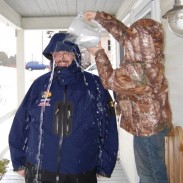 Want to make a little kid’s day? Let him dump a pitcher of ice-cold water over his dad’s head to test raingear.