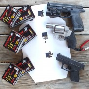 Winchester's new W Train & Defend line offers shooters the perfect combination of affordable training ammo and effective defensive rounds. The author tested the rounds in (from top to bottom) a Smith & Wesson M&P9, Smith & Wesson Model 637 CT, and Glock 42.