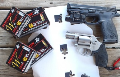 Winchester's new W Train & Defend line offers shooters the perfect combination of affordable training ammo and effective defensive rounds. The author tested the rounds in (from top to bottom) a Smith & Wesson M&P9, Smith & Wesson Model 637 CT, and Glock 42.