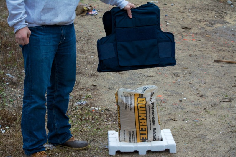 Sandbag Stanley volunteered to test the "knockdown power" myth. He's a 50 pound bag of sand who wears a bulletproof vest.