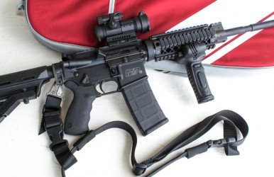 The Smith & Wesson M&P 15 OR after the author finished kitting it out. It's all geared up for the Crimson Trace Midnight 3 Gun Invitational, and home-defense use.
