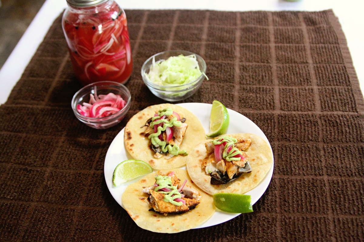 Recipe Trout Tacos with Avocadoyogurt Sauce and Pickled Red Onions