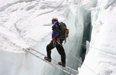 A Sherpa guide at Khumbu Ice Fall in 2005.